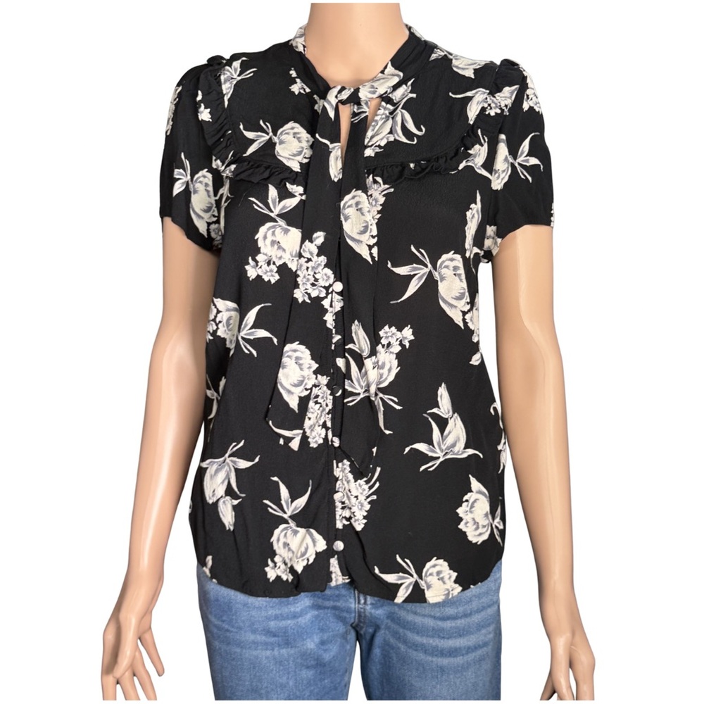 Maeve Anthropologie Black White Floral Tie Neck Ruffle Button Front Blouse Top